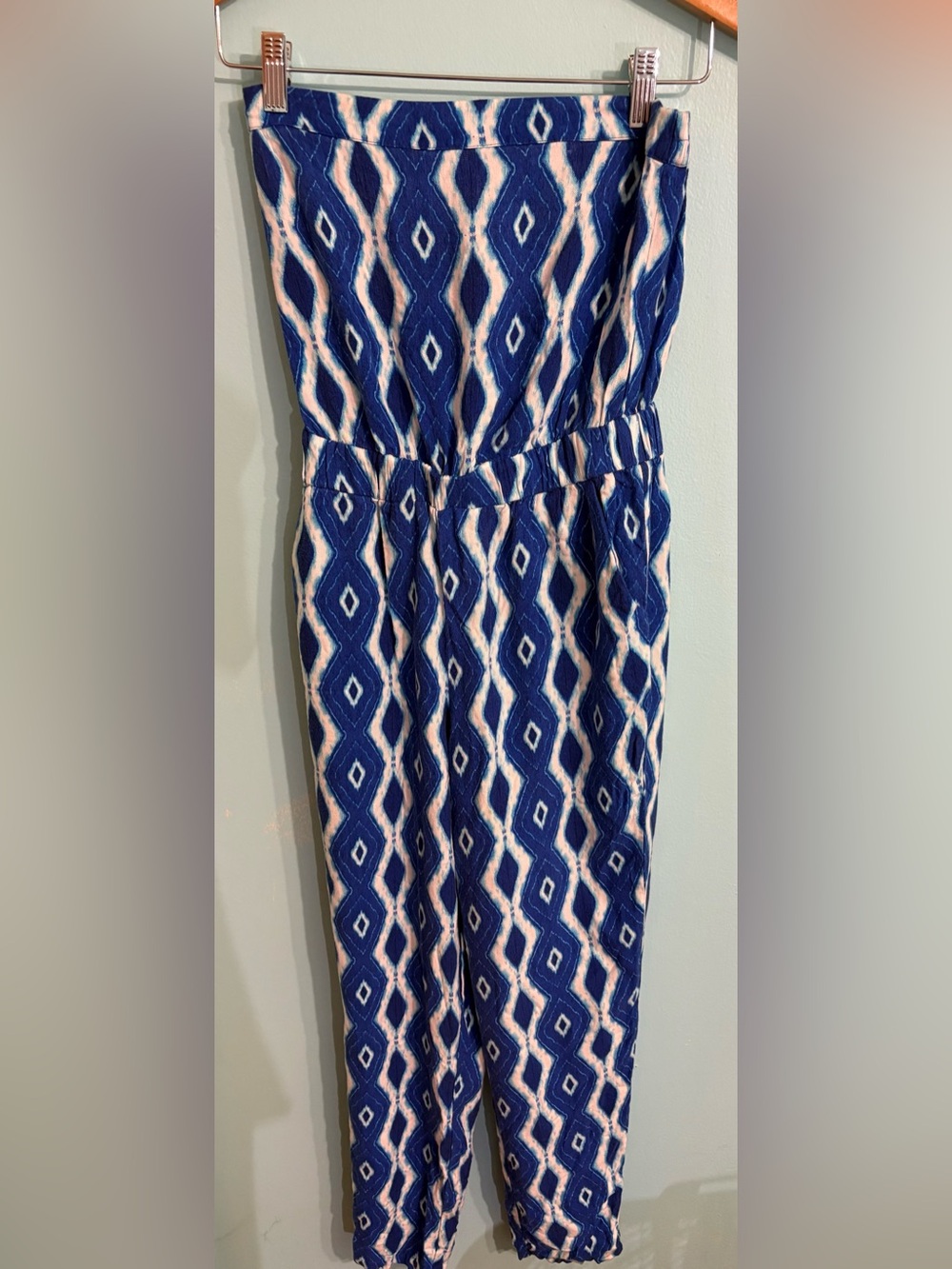 Blue and White Ikat Print Sleeveless Jumpsuit